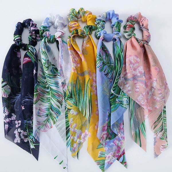 Chouchous imprimés feuilles tropicales pour femmes, ruban pour cheveux longs, écharpe queue de cheval, bandeau élastique doux, accessoires pour cheveux