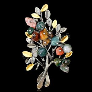 Broches à fleurs en pierre naturelle pour femmes, bijoux rétro, broche d'arbre, boucle, accessoires Vintage pour fête de mariage