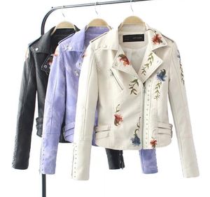 Fashion Flower Broidered Rivet Zipper Pu Leather Coat Slim Slim Slim Short Jacket Femme