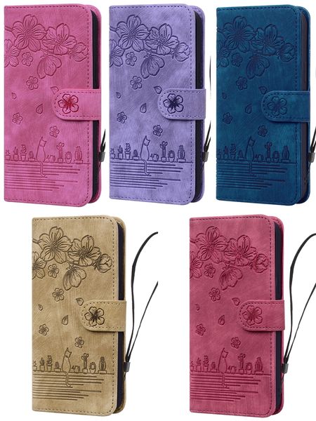 Étuis portefeuille en cuir de fleur de mode pour Huawei Honor 80 90 Lite 70 Play 40 X8 X6a X7a X5 X40i Magic 4 5 Lite Retro Sakura Cherry Cat Holder Flip Cover ID Card Slot Pouch