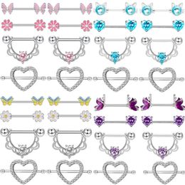 Fashion Flower Nipple Piercing Bijoux Ensemble en acier Crystal Heart Barquette Purple Anneaux en vrac Teton Lote 240407