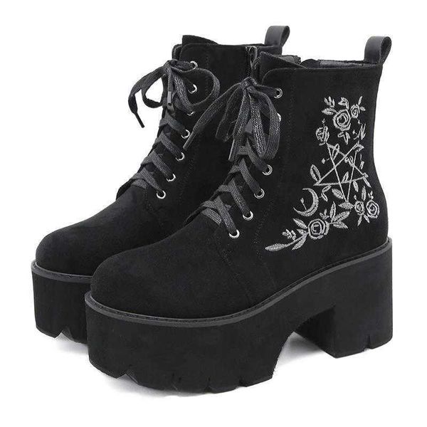 Botas de plataforma de flores de moda Chunky Punk Gamuza de cuero para mujer Zapatos góticos Club nocturno con cordones Cremallera trasera de alta calidad 230922