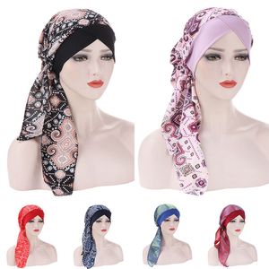 Mode Bloem Print Dames Moslim Hijabs Moslim Hean Sjaal Turban Bonnet Islamitische Headwrap Underscarf Dames Pre-Tied Hijab Caps