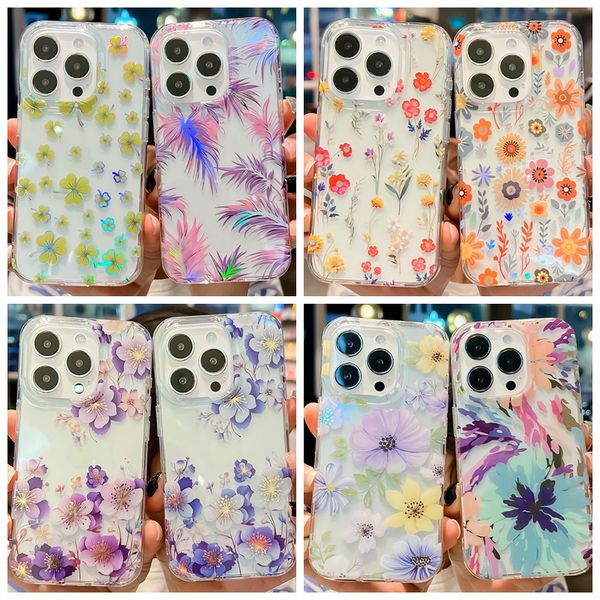 Fundas cromadas brillantes de Shell de flores de moda para Iphone 15 Pro MAX 14 Plus 13 12 11 Plating Metallic Clear Trébol de cuatro hojas Floral Lucky Soft IMD TPU Teléfono móvil Contraportada