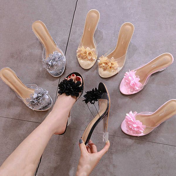 Mode fleur Transparent talons hauts pantoufles femmes 2020 été 8cm cristal sandales à semelles compensées Bling chaussures concises TWS098 Y0608