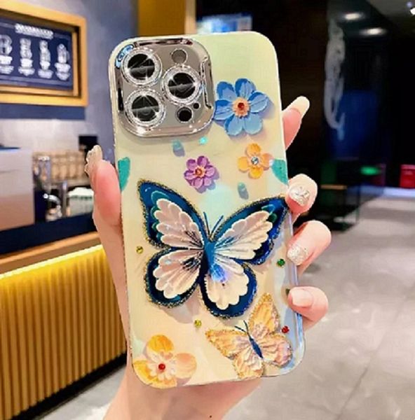 Funda de teléfono con láser y purpurina de mariposa y flores a la moda para iPhone 11, 12, 13, 14, 15 Pro Max, 14, 15 Plus, cubierta protectora de lente de Color diamante