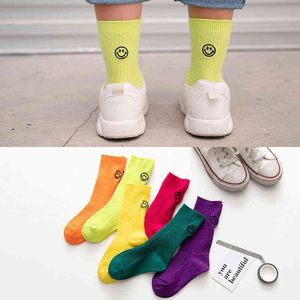 Mode fluorescerende kleur kinderen sokken geborduurde glimlach losse sokken jaar oude meisjes jongens sport causale sokken j220621
