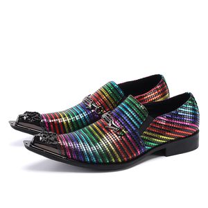 Fashion Formal Party Men Club Toe Pointed Zapatos Dress Designer Multicolour Stripe Business Office Real Leather Man Shoes 523