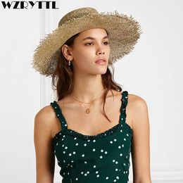 Mode Fray Boater Hat Large Brim Sun Chapeaux pour femmes Naturel Tissé Seagrass Beach Hat Cool Summer Straw Hats Kentucky Derby Y200714