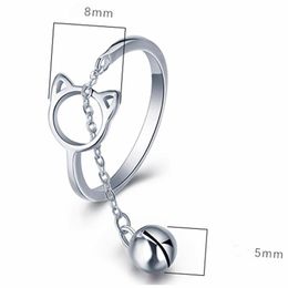 Mode frisse holle schattige katten oorvinger open ring ontwerp sieraden bel hanger ring dames jonge verstelbare geschenkketen link