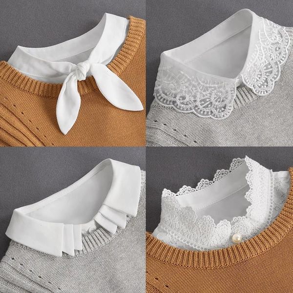 Fashion Front Tie Blanc Faux Col Pour Femmes Stand Amovible Filles Vintage Dentelle Dames Faux Blouse