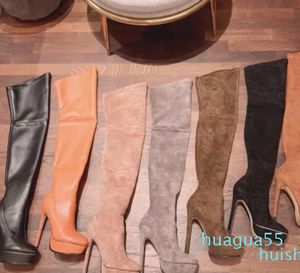 Bottes au dessus du genou en cuir givré pour femmes, chaussures à talons Super hauts, Tube Long extensible, plateforme imperméable, automne-hiver