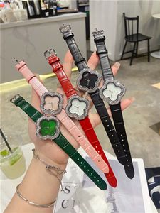Reloj de pulsera de marca completa para mujer, diseño de flores, estilo cristalino, de lujo, con correa de cuero, reloj de cuarzo VA06