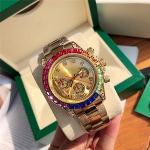 Fashion Full Brand Wrist Watches Men Male Colorful Crystals Style Multifunción Luxury con banda de acero inoxidable Reloj Rol 268 268