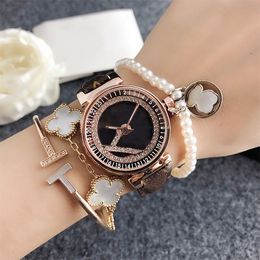 Montres-bracelets de marque complète pour femmes et filles, cadran rotatif en diamant, bracelet en cuir, Quartz, Logo de luxe, horloge L 102