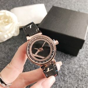 Mode Volledige Merk Horloges Dames Meisje Diamant Draaibare Wijzerplaat Stijl Lederen Band Quartz Luxe Met Logo Klok L 102