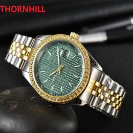 Moda Diamantes completos Dial Anillo Hombres Mujeres Reloj 40 mm Acero inoxidable Amantes de calidad superior Relojes Hombre Cuarzo Negocio de lujo clásico227l