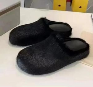 Mode bont slippers vrouwen rond teen paardenhaarglaasjes vrouwelijke zwarte roos rood groen muildieren schoenen plat half slipper vrouw casual pluche schoenen maat 39 40 41 42 43 44 45