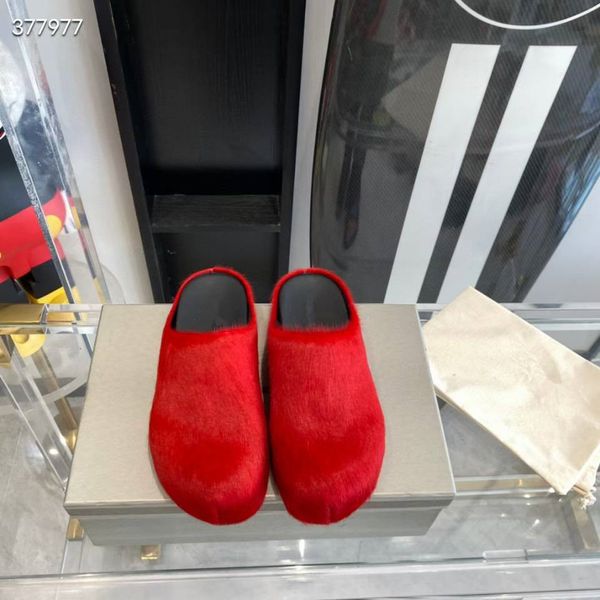 Zapatillas de piel de moda para mujer, toboganes de pelo de caballo con punta redonda, zapatos de mulas negros, rosas, rojos y verdes, media zapatilla plana para mujer, zapatos de felpa informales 018