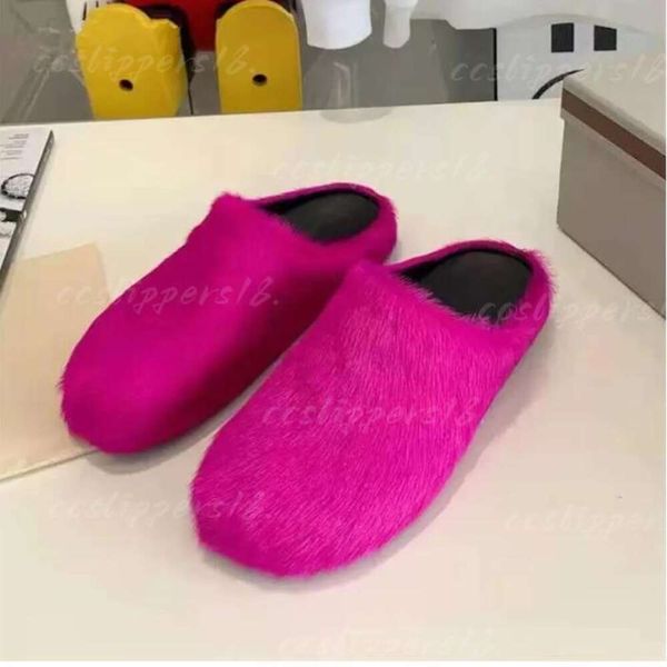 Fonction de fourrure pantoufles femmes Round Toe Horse Hair Slides Femme Black Rose Rose rouge Mules Chaussures Plat Half Slipper Femme Casual Plush Shoess Taille 35-40