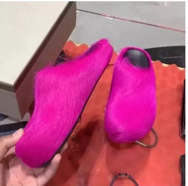 Zapatillas de piel a la moda para mujer, toboganes de pelo de caballo con punta redonda, Mohair negro, rosa, rojo, verde, zapatos de mulas, media zapatilla plana para mujer, zapatos de felpa informales 37 39 38 40 41 42 43 44 02