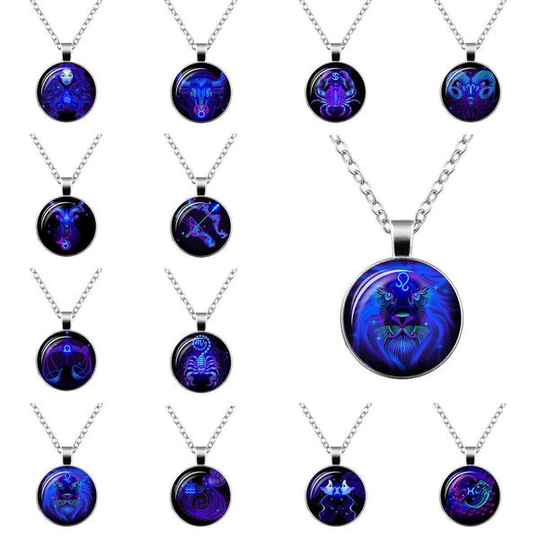 Moda Galaxy 12 Constelaciones Diseño Collares pendientes para Mujeres Hombres Signos del zodiaco Horóscopo Astrología Cabujón de cristal Círculo redondo Collar creativo Joyería