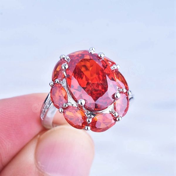 Anillo de circón de cristal grande rojo granate a la moda para mujer, anillos de compromiso de amor de promesa de Color plateado Vintage, joyería nupcial de lujo