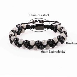 Bracelet en pierres précieuses naturelles 6mm, Labradorite, perles d'agate noire, cordon tressé en macramé, fait à la main, pour hommes et femmes, 248Y