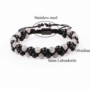 Bracelet en pierres précieuses naturelles 6mm, Labradorite, perles d'agate noire, cordon tressé en macramé, fait à la main, pour hommes et femmes, 224e