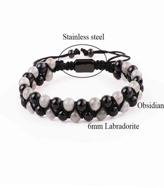 Bracelet de pierres précieuses naturelles 6mm, Labradorite, perles d'agate noire, cordon tressé en macramé, fait à la main, pour hommes et femmes, 6541286