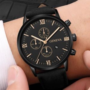 Mode Genève Heren Datum Legering Kast Synthetisch Leer Analoog Quartz Sporthorloge Mannelijke Klok Top Relogio Masculino2814