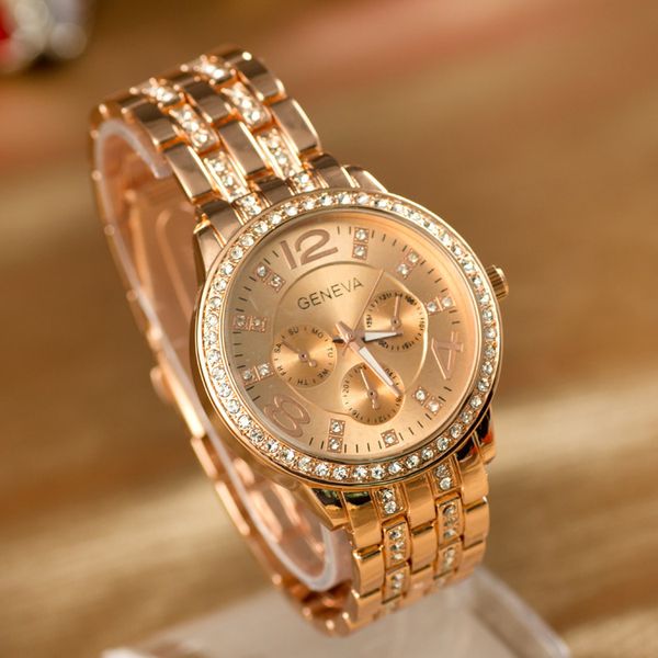 Reloj Geneva de moda para mujer, de lujo, de acero inoxidable, con diamantes de imitación para mujer, relojes de pulsera de cuarzo analógicos informales para mujer