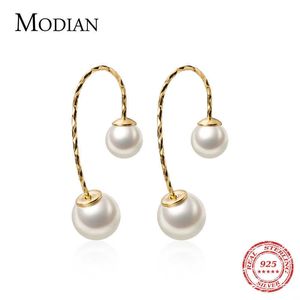 Mode-echt 925 Sterling Zilver Goud Kleur Elegante Pearl Dangle Earring voor Vrouwen Haak Fijne Sieraden Brincos 210707