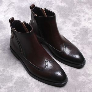 Robe formelle en cuir véritable pour hommes, cheville noire et marron, fermeture éclair latérale, bottes d'automne