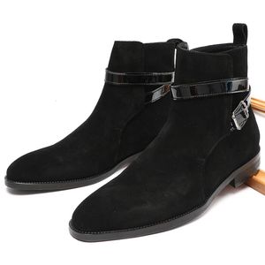 Mode en cuir véritable cheville noir marron hommes robe pointue boucle de ceinture formelle élégante homme bottes