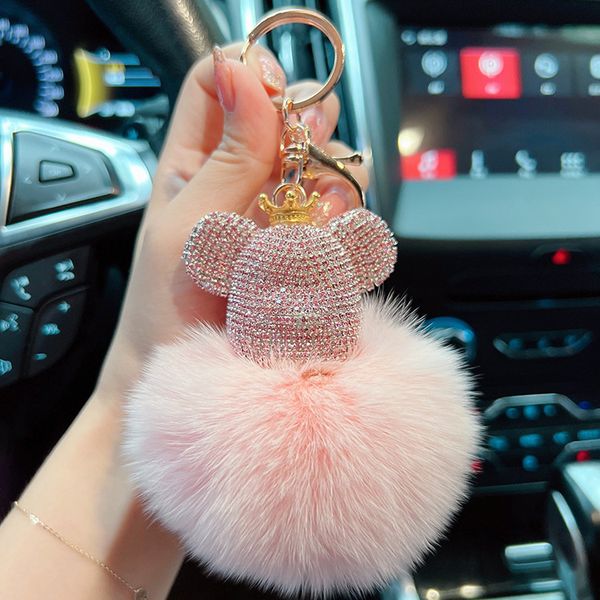 Mode en cuir véritable herbe renard cheveux voiture porte-clés sac pendentif mode petit cadeau créatif diamant incrusté grosse tête ours porte-clés en gros