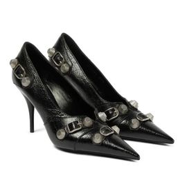 Chaussures à talons hauts en cuir véritable de mode pompe pointue 8cm chaussures de dîner habillées pantoufle de créateur de luxe boucle de ceinture rivets chaussure formelle