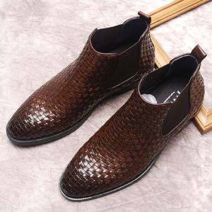 Robe tressée à enfiler pour hommes, en cuir véritable, à la cheville, noir et marron, pour bottes formelles italiennes, chaussures pour hommes