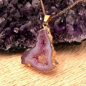 Fashion Geometric Natural Stone Druzy Geode Pendant Necklaces for Women Gilr Gold Color Party Accessories Gift Necklaces1