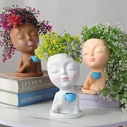 Mode fille visage boire du café pot de fleurs résine matériel décorations de bureau maison décorative Art créatif jardinage 240131