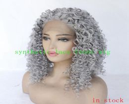 Fashion Girl Party Hair Wigs en bouillon gris gris 18 pouces cheveux courts Afro Pinky Curly Synthetic Lace Front Perne pour femmes57354728119815