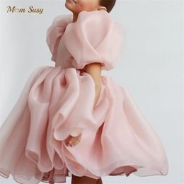 Fashion Girl Princess Vintage Dress Tulle Child Vestido Puff Sleeve Roze trouwfeest Verjaardag Tutu-kleding 1-10y 220426