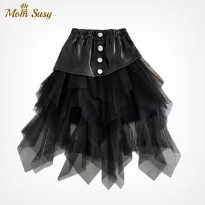 Fashion Girl PU Lederen rok Lange en korte peuter Tiener Girl Leather lederen Patchwork Tutu Rok Black Tule Deskleding 240410