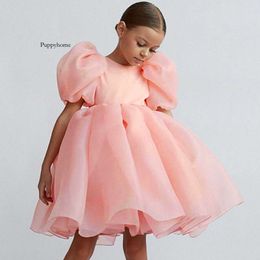 Fashion Girl White Princess Robe Tulle Puff Sleeve Party Fête Kids Robes pour filles Corchettes d'anniversaire Bridemaids Robe 0418