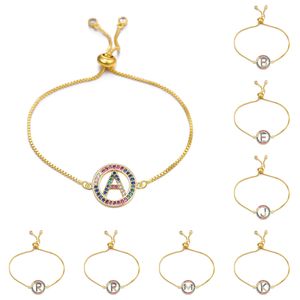 Mode filles A-Z 26 lettre initiale Bracelet réglable boîte chaîne coloré Zircon Alphabet Bracelet femmes bijoux cadeau