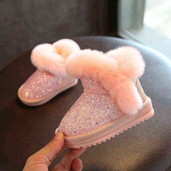 Mode filles bottes hiver enfants chaussures moyen et petit enfants coton chaussures en cuir lapin cheveux épais chaud pour les enfants G1210