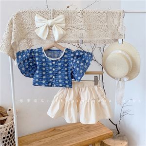 Fashion Girls Set korte mouw blauwe kleur blouse shirt en rok zomer outifts kinderen kleding s peuter meisje 220507