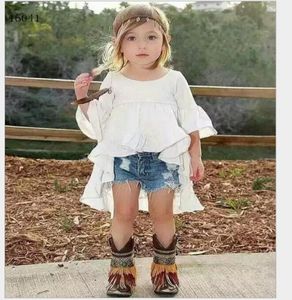 Mode Meisjes Kleding Sets 2016 Meisje Witte Tuxedo DressCowboy Shorts 2 stks Kids Outfits Baby Meisje Kleding Kind Pak 27 T 6setsl8088400