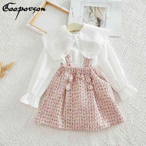 Mode meisjes kleding witte blouse shirt gebreide roze algemene zoete peuter meisje herfst outfits Leuke set kinderen kleding set G220310