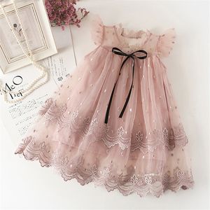 Fashion Girls Dress Summer Embroidery Gauze Fluffy Pink Princess ChildrenClothes 210515